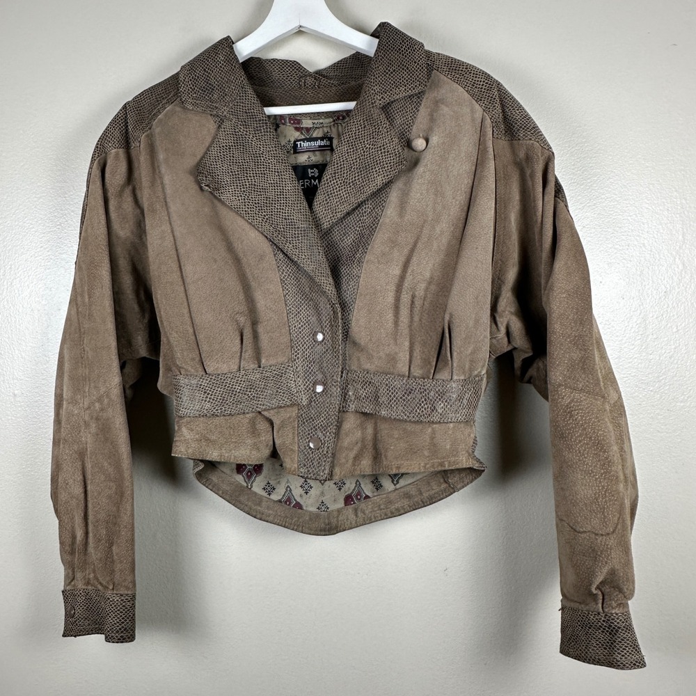 Bermans Women's S Leather Jacket Brown Snakeskin Trim Cropped Thinsulate Boho
